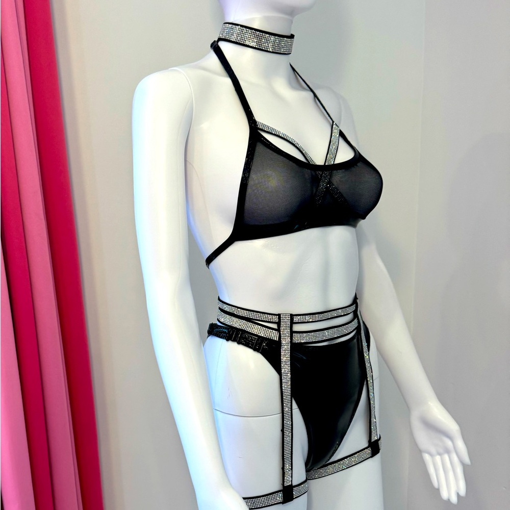 Black Vinyl Mesh Rhinestone Lingerie Set 4 Pieces, XS Custom